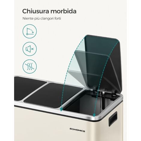 SONGMICS Cestino da Cucina, Pattumiera per Raccolta Differenziata 3 x 18L, 3 Scomparti per Riciclaggio, Coperchi a Chiusura Morbida, Pedali, Acciaio, Beige Sabbia