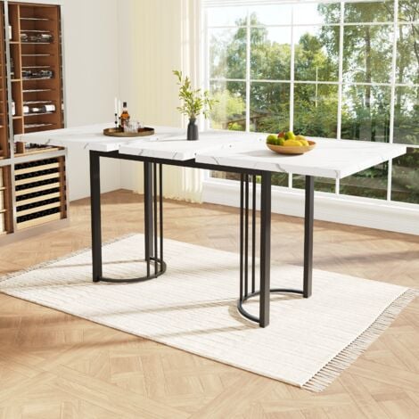 Tavolo da pranzo (140-179,5)x80x75,5cm Tavoli allungabili, gambe in metallo nero, effetto marmo, per cucina/soggiorno, MDF, bianco