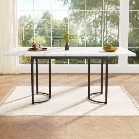 Tavolo da pranzo (140-179,5)x80x75,5cm Tavoli allungabili, gambe in metallo nero, effetto marmo, per cucina/soggiorno, MDF, bianco