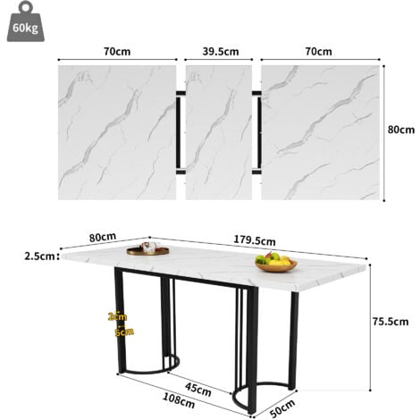Tavolo da pranzo (140-179,5)x80x75,5cm Tavoli allungabili, gambe in metallo nero, effetto marmo, per cucina/soggiorno, MDF, bianco