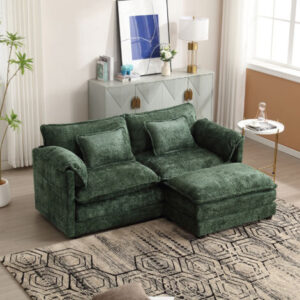Divani angolari 195x75x81cm con poggiapiedi e cuscini, 2 posti, tasche laterali, per soggiorno/camera da letto/studio, tessuto ciniglia, smeraldo