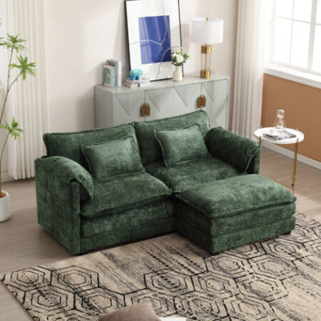 Divani angolari 195x75x81cm con poggiapiedi e cuscini, 2 posti, tasche laterali, per soggiorno/camera da letto/studio, tessuto ciniglia, smeraldo