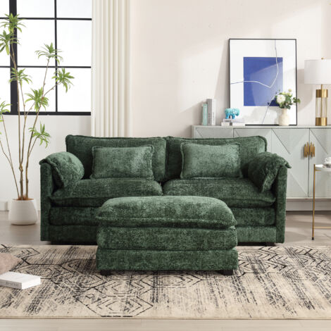 Divani angolari 195x75x81cm con poggiapiedi e cuscini, 2 posti, tasche laterali, per soggiorno/camera da letto/studio, tessuto ciniglia, smeraldo