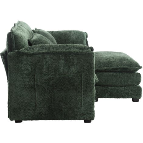 Divani angolari 195x75x81cm con poggiapiedi e cuscini, 2 posti, tasche laterali, per soggiorno/camera da letto/studio, tessuto ciniglia, smeraldo