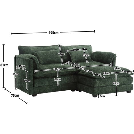 Divani angolari 195x75x81cm con poggiapiedi e cuscini, 2 posti, tasche laterali, per soggiorno/camera da letto/studio, tessuto ciniglia, smeraldo