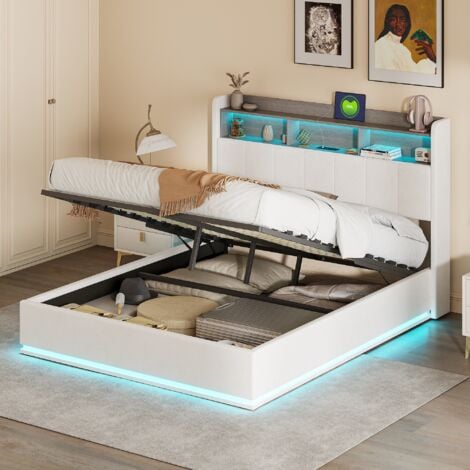 Letti contenitori imbottito 140x200cm, velluto, testiera contenitore con porta di ricarica USB e tpcy, illuminazione LED, rete a doghe, Bianco