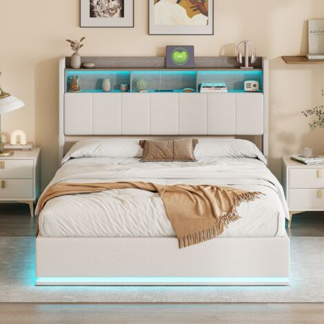 Letti contenitori imbottito 140x200cm, velluto, testiera contenitore con porta di ricarica USB e tpcy, illuminazione LED, rete a doghe, Bianco