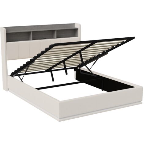 Letti contenitori imbottito 140x200cm, velluto, testiera contenitore con porta di ricarica USB e tpcy, illuminazione LED, rete a doghe, Bianco