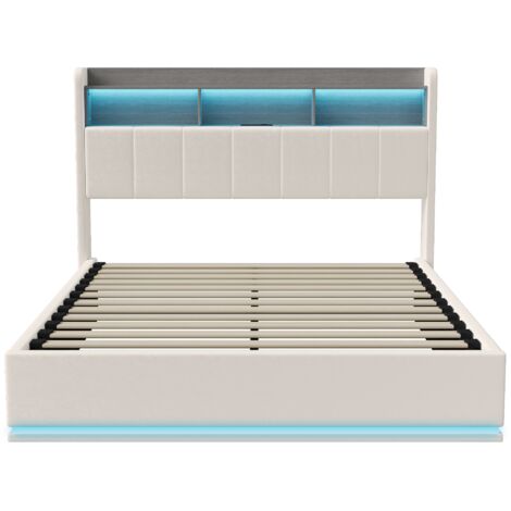 Letti contenitori imbottito 140x200cm, velluto, testiera contenitore con porta di ricarica USB e tpcy, illuminazione LED, rete a doghe, Bianco
