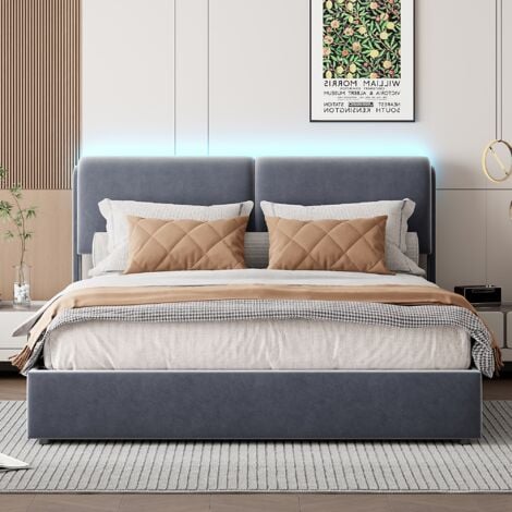 Letto contenitore 160x200 cm, con meccanismo idraulico contenitore, rete a doghe in legno, struttura in metallo, testiera illuminata a LED, letto imbottito in velluto - Grigio