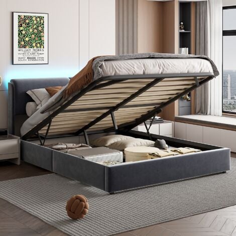 Letto contenitore 160x200 cm, con meccanismo idraulico contenitore, rete a doghe in legno, struttura in metallo, testiera illuminata a LED, letto imbottito in velluto - Grigio