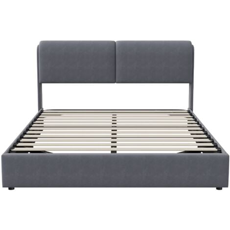 Letto contenitore 160x200 cm, con meccanismo idraulico contenitore, rete a doghe in legno, struttura in metallo, testiera illuminata a LED, letto imbottito in velluto - Grigio