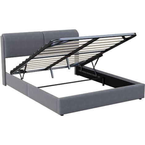 Letto contenitore 160x200 cm, con meccanismo idraulico contenitore, rete a doghe in legno, struttura in metallo, testiera illuminata a LED, letto imbottito in velluto - Grigio