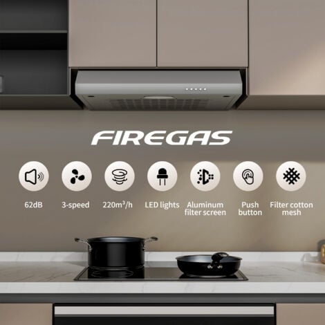 Cappa aspirante Cappuccio Visiera 60cm FIREGAS -3 Velocità - Evacuazione e Riciclaggio - Classe B - Filtro in cotone - Grigio