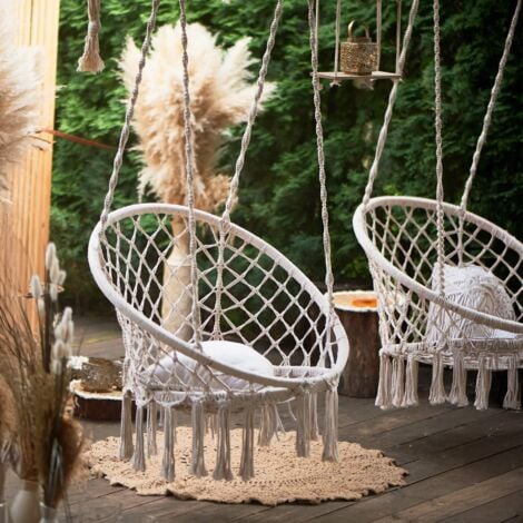 Poltrona Sospesa Rebecca Mobili Kadyos 120x80x60 Policotone Acciaio Bianco Crema Boho