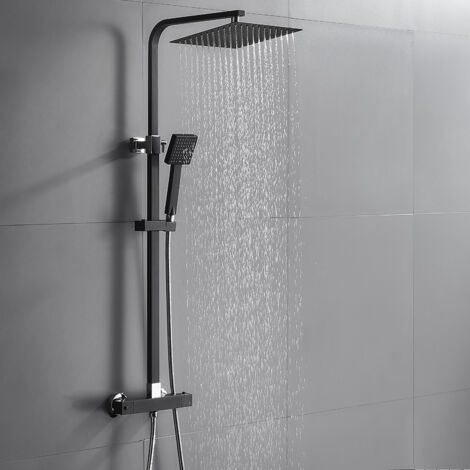 Auralum Colonna Doccia con Termostato Nero, Doccia Regolabile in Altezza per Bagno, Due Tipi di Getto Tra Cui Scegliere, Set Doccia