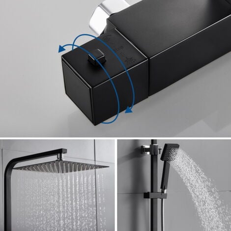 Auralum Colonna Doccia con Termostato Nero, Doccia Regolabile in Altezza per Bagno, Due Tipi di Getto Tra Cui Scegliere, Set Doccia