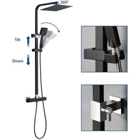 Auralum Colonna Doccia con Termostato Nero, Doccia Regolabile in Altezza per Bagno, Due Tipi di Getto Tra Cui Scegliere, Set Doccia