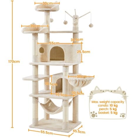 Yaheetech Albero Tiragraffi Adulti Albero Grande per Gatti a Più Livelli da Interno con Amaca Trespolo Torre Pallina Gioco Casa 170cm Beige