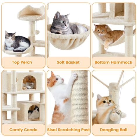 Yaheetech Albero Tiragraffi Adulti Albero Grande per Gatti a Più Livelli da Interno con Amaca Trespolo Torre Pallina Gioco Casa 170cm Beige