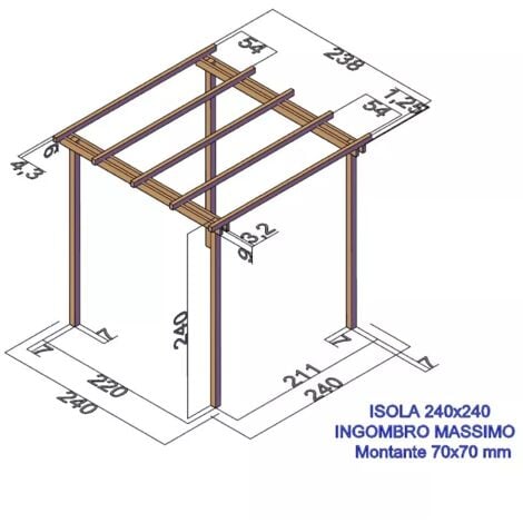 Pergola in Legno da Giardino SLIM 240X240 cm, con Copertura a Teli Onda in PVC
