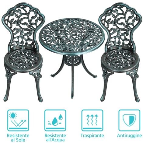 Yaheetech Set di Tavolo e Sedie da Giardino 2 Sedie 3 Pezzi Bistrò Veranda Set Mobili Balcone Motivo a Foglia in Alluminio Verde