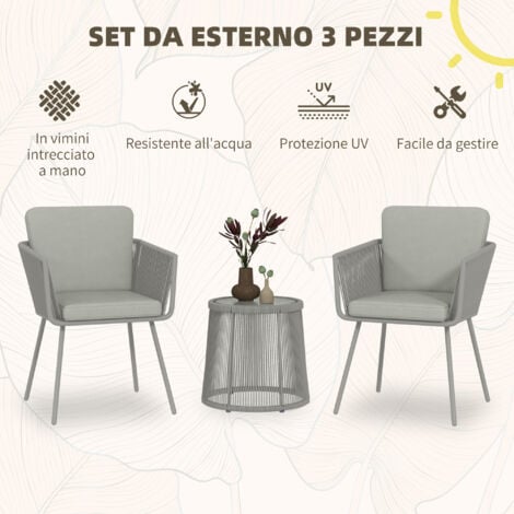 Outsunny Set da Esterno 2 Sedie in Rattan e Tavolino in Vetro Stile Boho Grigio
