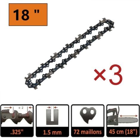 Confezione da 3 catene per motosega da 18" (45 cm) / passo da 3/8" / calibro da 1,5 mm / taglio quadrato / 72 maglie, passo da 325"