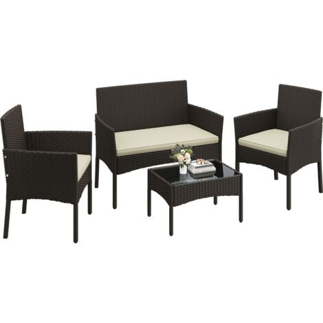 Yaheetech Set di Mobili per Esterni 4 Pezzi in Rattan PE con Divano 2 Poltrone e 1 Tavolo in Vetro Set di Conservazione per Balcone Giardino Marrone/Beige
