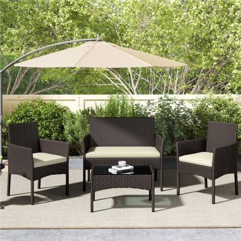 Yaheetech Set di Mobili per Esterni 4 Pezzi in Rattan PE con Divano 2 Poltrone e 1 Tavolo in Vetro Set di Conservazione per Balcone Giardino Marrone/Beige