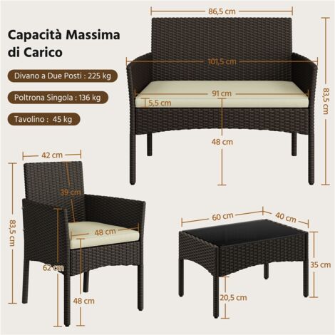Yaheetech Set di Mobili per Esterni 4 Pezzi in Rattan PE con Divano 2 Poltrone e 1 Tavolo in Vetro Set di Conservazione per Balcone Giardino Marrone/Beige