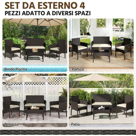 Yaheetech Set di Mobili per Esterni 4 Pezzi in Rattan PE con Divano 2 Poltrone e 1 Tavolo in Vetro Set di Conservazione per Balcone Giardino Marrone/Beige