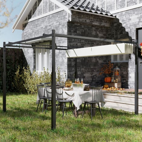 Outsunny Pergola per Giardino 3x3 m con Tetto Retrattile Bianco Crema