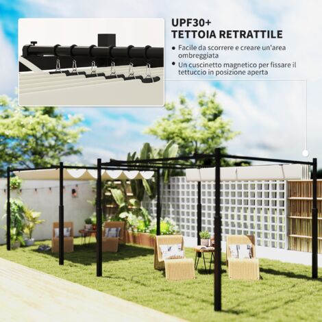 Outsunny Pergola per Giardino 3x3 m con Tetto Retrattile Bianco Crema