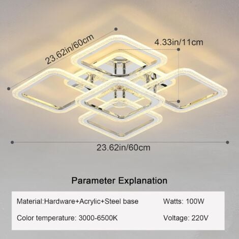 Ganeed Plafoniera LED Quadrata Lampadari Moderni a Incasso, 100 W Dimmerabile Camera da Letto Lampade da Soffitto Design Nordico per Soggiorno Cucina con Telecomando/Cromo