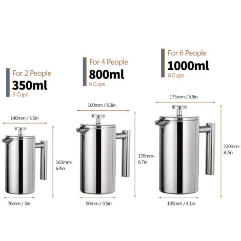 Eosnow 350 ml/800 ml/1000 ml Pressa francese Caffettiere in acciaio inossidabile inossidabile