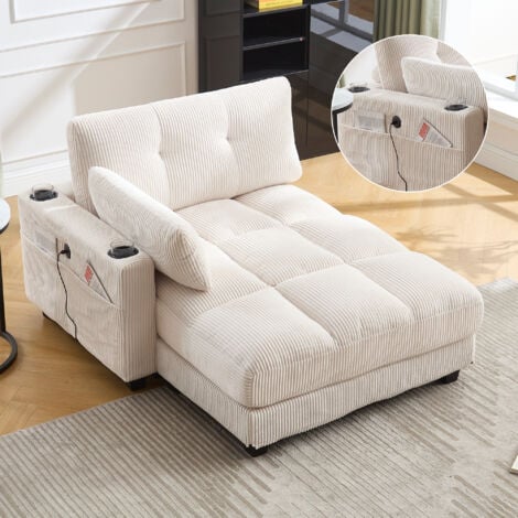 Divani dritti 112x140x81cm divano letto singolo, poltrona con tasche laterali e portabicchieri, velluto, beige