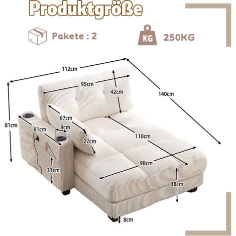 Divani dritti 112x140x81cm divano letto singolo, poltrona con tasche laterali e portabicchieri, velluto, beige