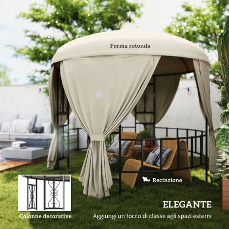 Outsunny Gazebo da Esterno Rotondo Ø3m con Prese d'Aria e Tende Laterali Beige