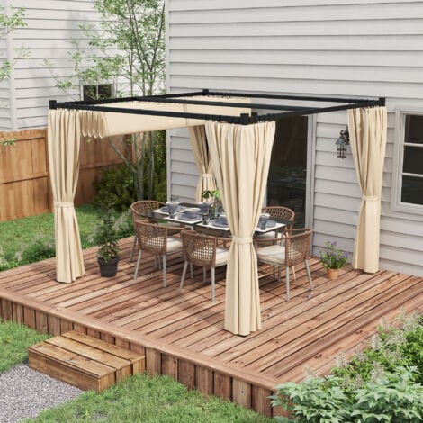 Outsunny Pergola con Tende e Tetto Retrattile in Metallo Beige