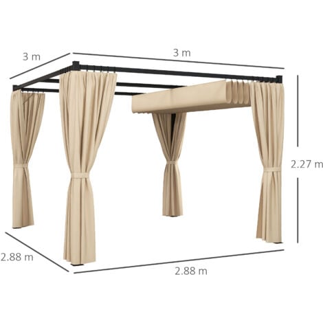 Outsunny Pergola con Tende e Tetto Retrattile in Metallo Beige