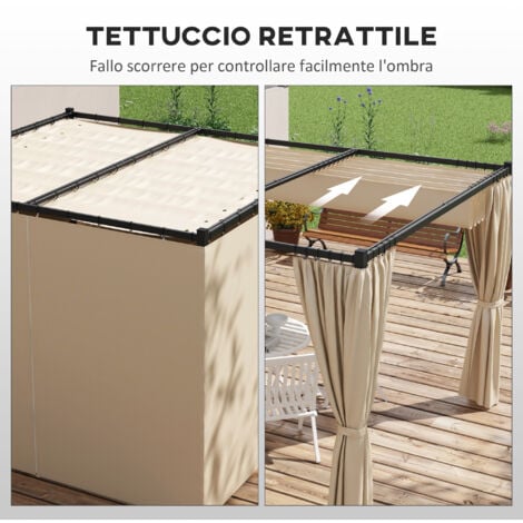 Outsunny Pergola con Tende e Tetto Retrattile in Metallo Beige