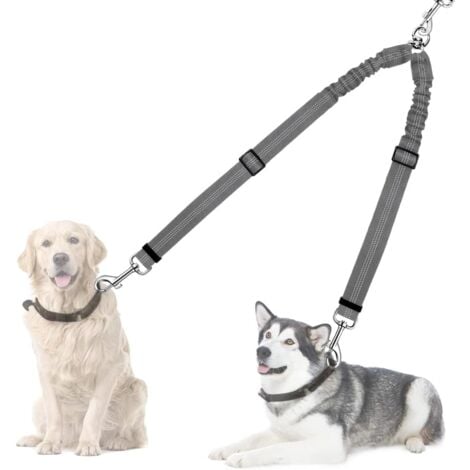 Guinzaglio doppio per cani, attacco per guinzaglio riflettente girevole a 360°, lunghezza regolabile, guinzaglio doppio per cani, grigio