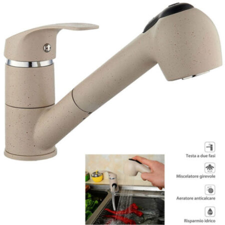 Cleafe - Rubinetto Miscelatore Monocomando Lavello Avena Doccetta Estraibile 52992 -