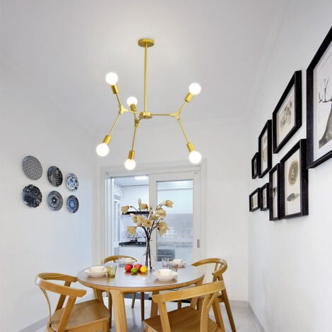 GOECO Lampadario  Oro, 6 Luci Base E27 Lampada a Sospensione Moderno, Mid Century Altezza Regolabile Illuminazione a sospensione per Soggiorno, Sala da Pranzo, Bar, Cucina