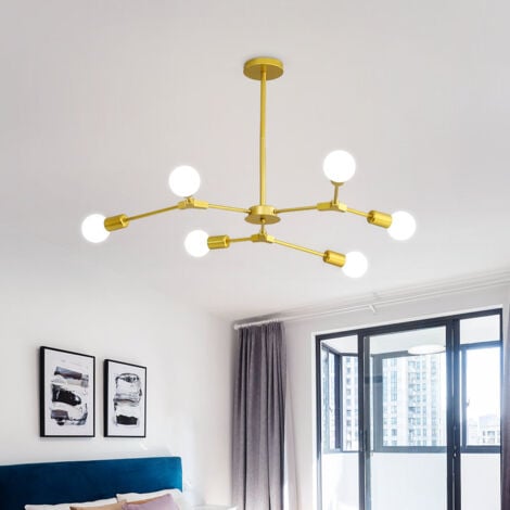 GOECO Lampadario  Oro, 6 Luci Base E27 Lampada a Sospensione Moderno, Mid Century Altezza Regolabile Illuminazione a sospensione per Soggiorno, Sala da Pranzo, Bar, Cucina