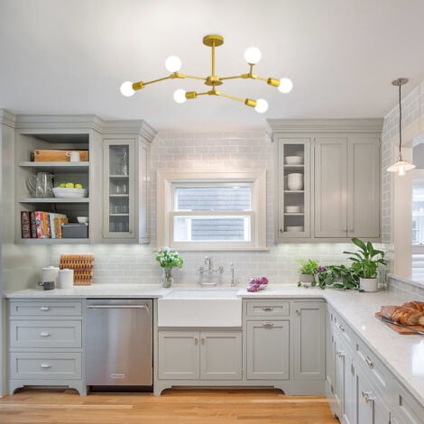 GOECO Lampadario  Oro, 6 Luci Base E27 Lampada a Sospensione Moderno, Mid Century Altezza Regolabile Illuminazione a sospensione per Soggiorno, Sala da Pranzo, Bar, Cucina