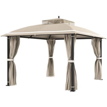 Outsunny Gazebo con Zanzariera da Giardino 3.7x3 m, Tende e Doppio Tetto Beige