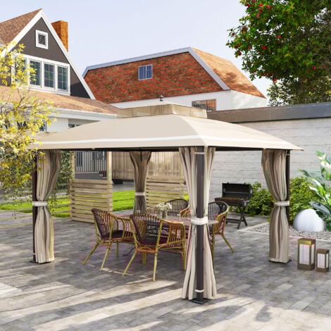 Outsunny Gazebo con Zanzariera da Giardino 3.7x3 m, Tende e Doppio Tetto Beige