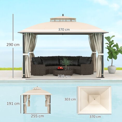 Outsunny Gazebo con Zanzariera da Giardino 3.7x3 m, Tende e Doppio Tetto Beige